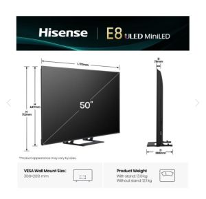 Телевизор Hisense 50" E8Q, 4K Ultra HD 3840x2160, ULED, Quantum Dot,144 Hz,HDR 10+, HLG, Dolby Vision, DTS Virtual X, Smart TV, WiFi, Light Sensor, BT, Anyview Cast, 4xHDMI, 2xUSB, LAN, CI+, DVB-T2/C/S2, Singale Stand, Black