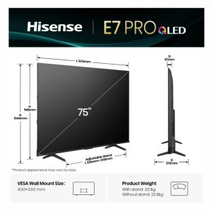 Телевизор Hisense 75" E7Q Pro, 4K Ultra HD 3840x2160, QLED, Quantum Dot, 144Hz, HDR 10+ adaptive, HLG, Dolby Vision, Hi-Concerto,Dolby Vision Atmos, Smart TV, WiFi 5GHz, WiFi Direct,Light Sensor, BT, Anyview Cast, 4xHDMI, 2xUSB, LAN, CI+, DVB-T2/C/S2, Bla