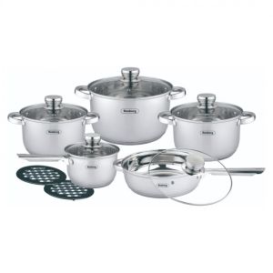 Комплект тенджери и тигани Rosberg R51210L12BM, 12 части, Многослойно дъно, Неръждаема стомана, Сребрист