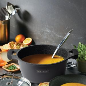 Дълбока тенджера Royalty Line RL-BS30ML, 30 см, 7 л, Мраморно незалепващо покритие, Стъклен капак, Без PFOA, Индукция, Черен