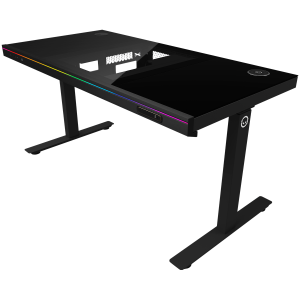 Геймърско бюро LORGAR LRG-DE90G, Dual-motor sit/stand adjustable-height gaming desk with built-in PC case, wireless charger, RGB lighting, control panel, and USB ports, tempered glass tabletop, black.
