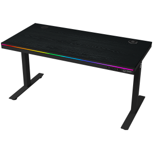 Геймърско бюро LORGAR LRG-DP80W, Dual-motor sit/stand adjustable-height gaming desk with wireless charger, RGB lighting, control panel, and USB ports, solid wooden tabletop, black.