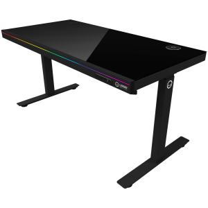 Геймърско бюро LORGAR LRG-DP80G, Dual-motor sit/stand adjustable-height gaming desk with wireless charger, RGB lighting, control panel, and USB ports, solid tempered glass tabletop, black.