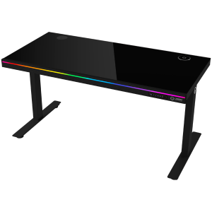 Геймърско бюро LORGAR LRG-DP80G, Dual-motor sit/stand adjustable-height gaming desk with wireless charger, RGB lighting, control panel, and USB ports, solid tempered glass tabletop, black.