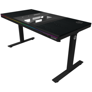 Геймърско бюро LORGAR LRG-DE90W, Dual-motor sit/stand adjustable-height gaming desk with built-in PC case, wireless charger, RGB lighting, control panel, and USB ports, wooden tabletop, black.