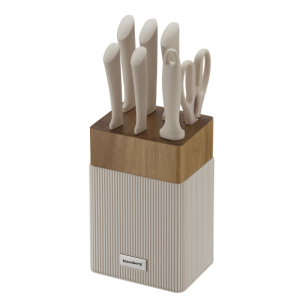 Комплект ножове Klausberg KB 7984, 8 части, Неръждаема стомана, Точило, Стойка от акациево дърво, Бежов/дървесен