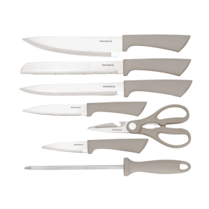 Комплект ножове Klausberg KB 7984, 8 части, Неръждаема стомана, Точило, Стойка от акациево дърво, Бежов/дървесен