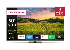 Телевизор Thomson 50" QLED Google TV; 3840 x 2160 (4K UHD), 4000:1, QLED, 60 Hz, DVB-T/T2/C/S/S2, HDR10, Wi-Fi, Bluetooth, LAN, HDMI 2 (2.0) + 2 (2.1), USB 2 (2.0) + 1 (3.0), Hotel mode, Central Swivel Stand, Dark gray