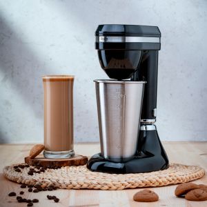 Фрапе миксер Oliver Voltz OV51163E, 100W, Чаша от неръждаема стомана с капацитет 450 мл, 2 скорости, Стоманена бъркалка, Черен