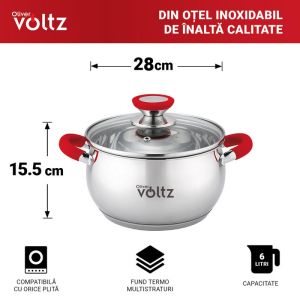 Тенджера Oliver Voltz OV51210N28, 28 см, 10.45 л, Индукция, Силиконови дръжки, Инокс/Червен