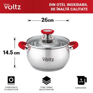 Тенджера Oliver Voltz OV51210N26, 26 см, 7.7 л, Индукция, Силиконови дръжки, Инокс/червен