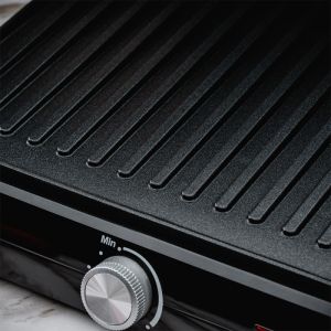 Електрическа скара Rosberg R51442M, 2000W, Грил, Незалепващи плочи-29х23 см, Отваряне на 180°C, Инокс/черен